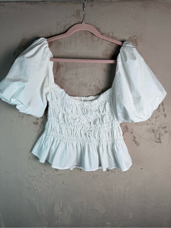 Astr the Label Tops - ASTR The Label White Puff Sleeve Smocked Peplum Top Great Coquette M